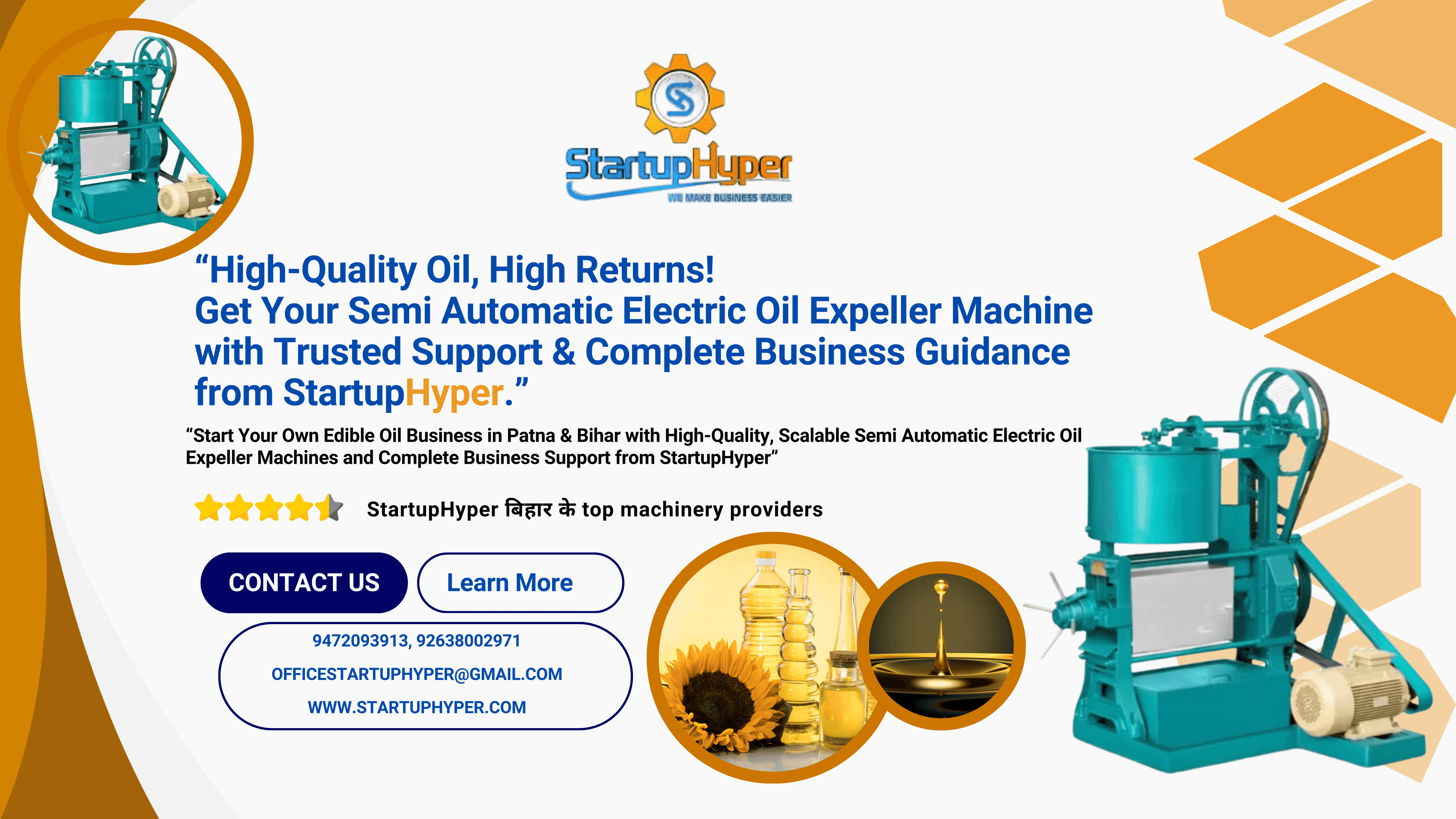 Semi Automatic Electric Oil Expeller Machine – Complete Business Guide (Machine, Use, Variants, ROI & StartupHyper Support – Patna, Bihar)